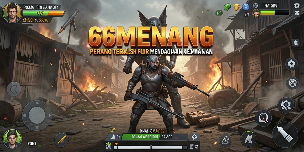 Tangkapan layar utama 66MENANG menampilkan aksi intens di medan perang Battle Royale.