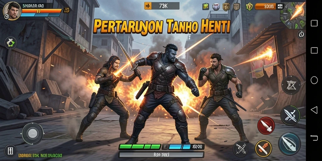 Screenshot menampilkan pertarungan intens dalam 73K dengan efek visual yang spektakuler.