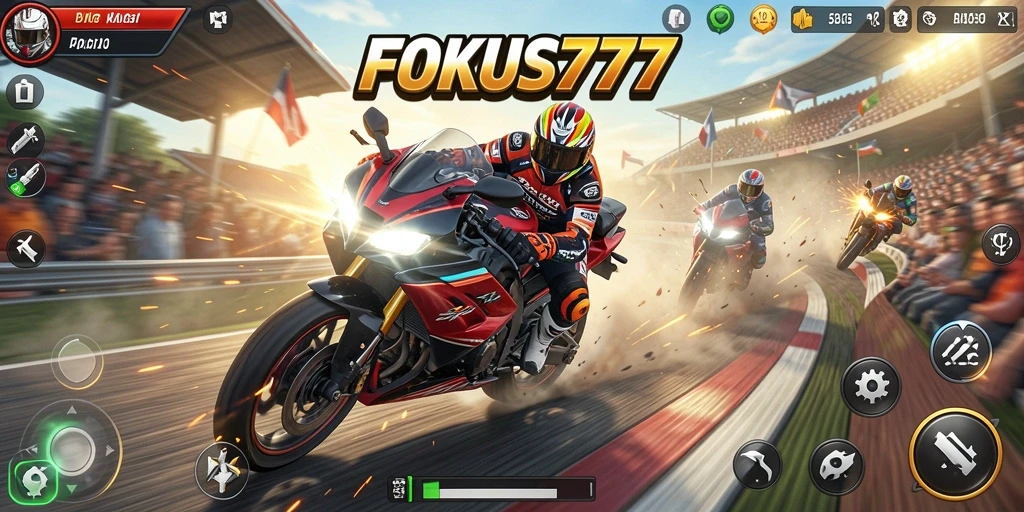 Screenshot utama dari gameplay <strong>FOKUS777</strong> menunjukkan aksi balapan motor yang mendebarkan.