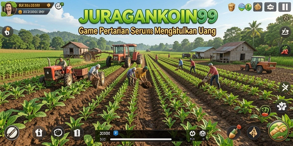 Tampilan gameplay seru dalam JURAGANKOIN99 yang memperlihatkan aktivitas bertani