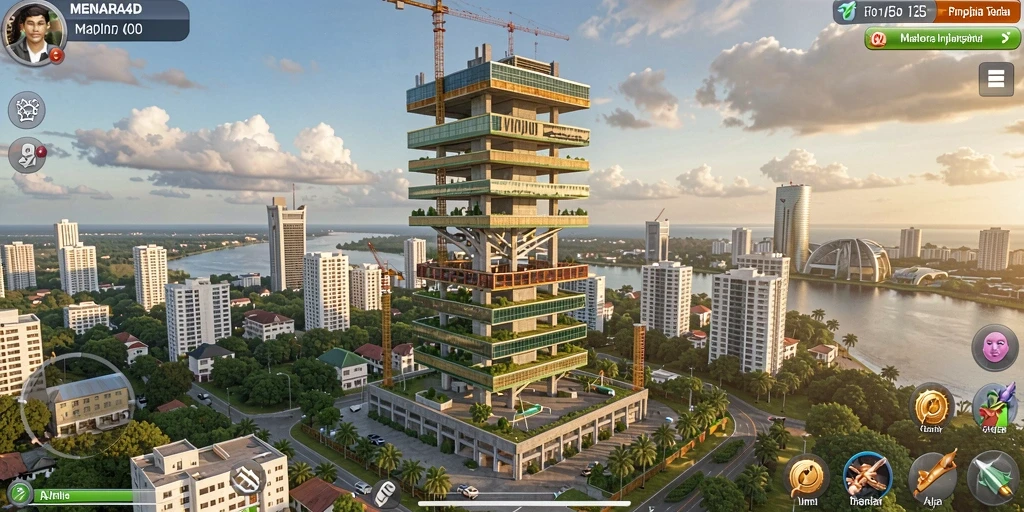 Tampilan gameplay MENARA4D dengan berbagai menara yang dibangun pengguna.
