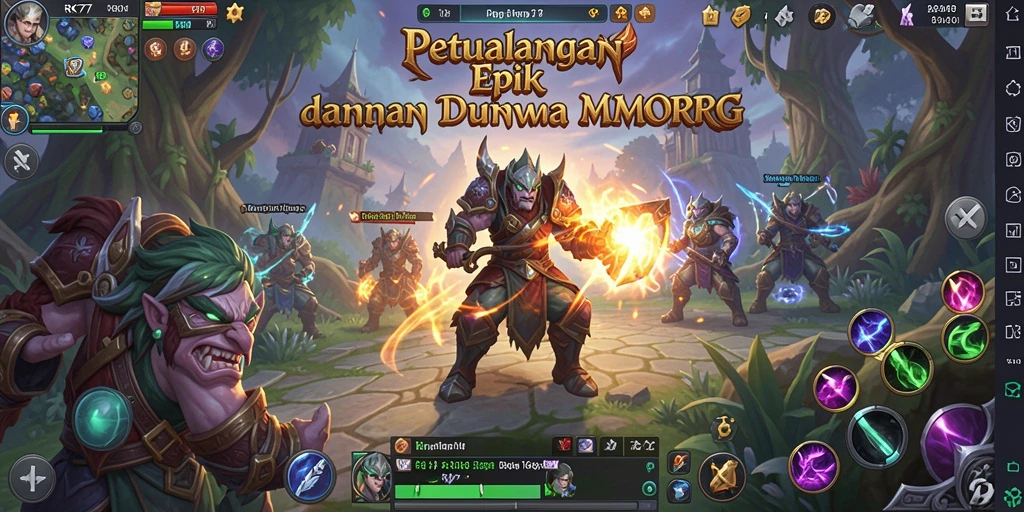Screenshot gameplay RK77 menampilkan pertempuran seru di dunia fantasi.