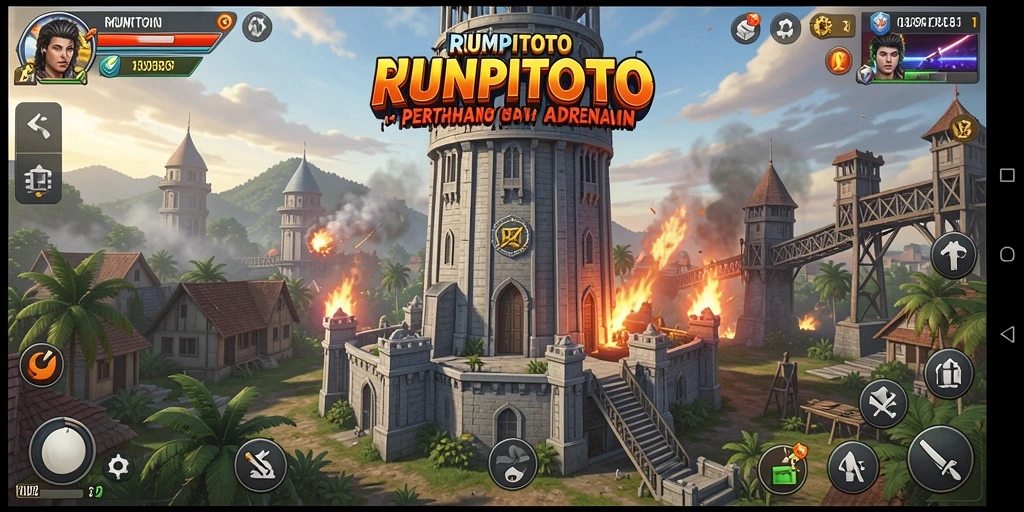 Tampilan dinamis gameplay RUMPITOTO dengan pertahanan menara yang intens.