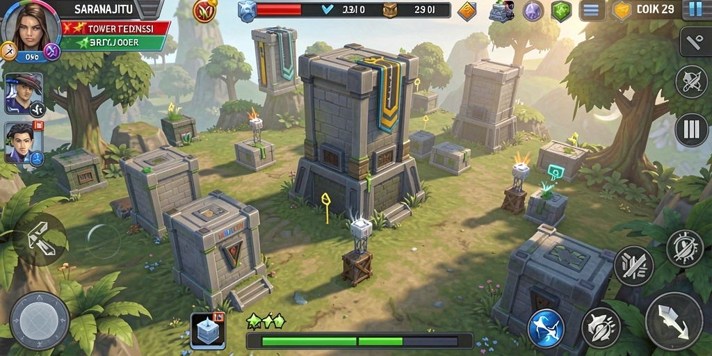 Tangkapan layar SARANAJITU menampilkan aksi menara Tower Defense yang intens.