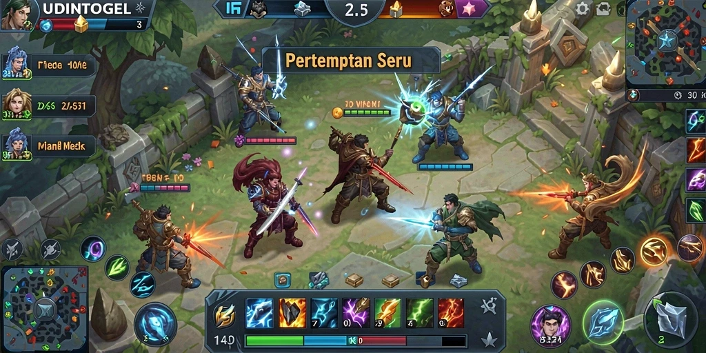 Tampilan aksi seru dalam pertempuran MOBA di UDINTOGEL.